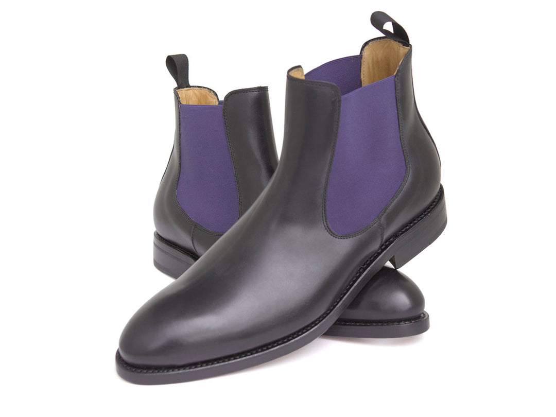 Chelsea Boots in black with purple insert John Crocket Fine British Clothing